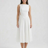 Halle | White Open-Back A-Line Midi Dress Wedding & Summer Party Gown