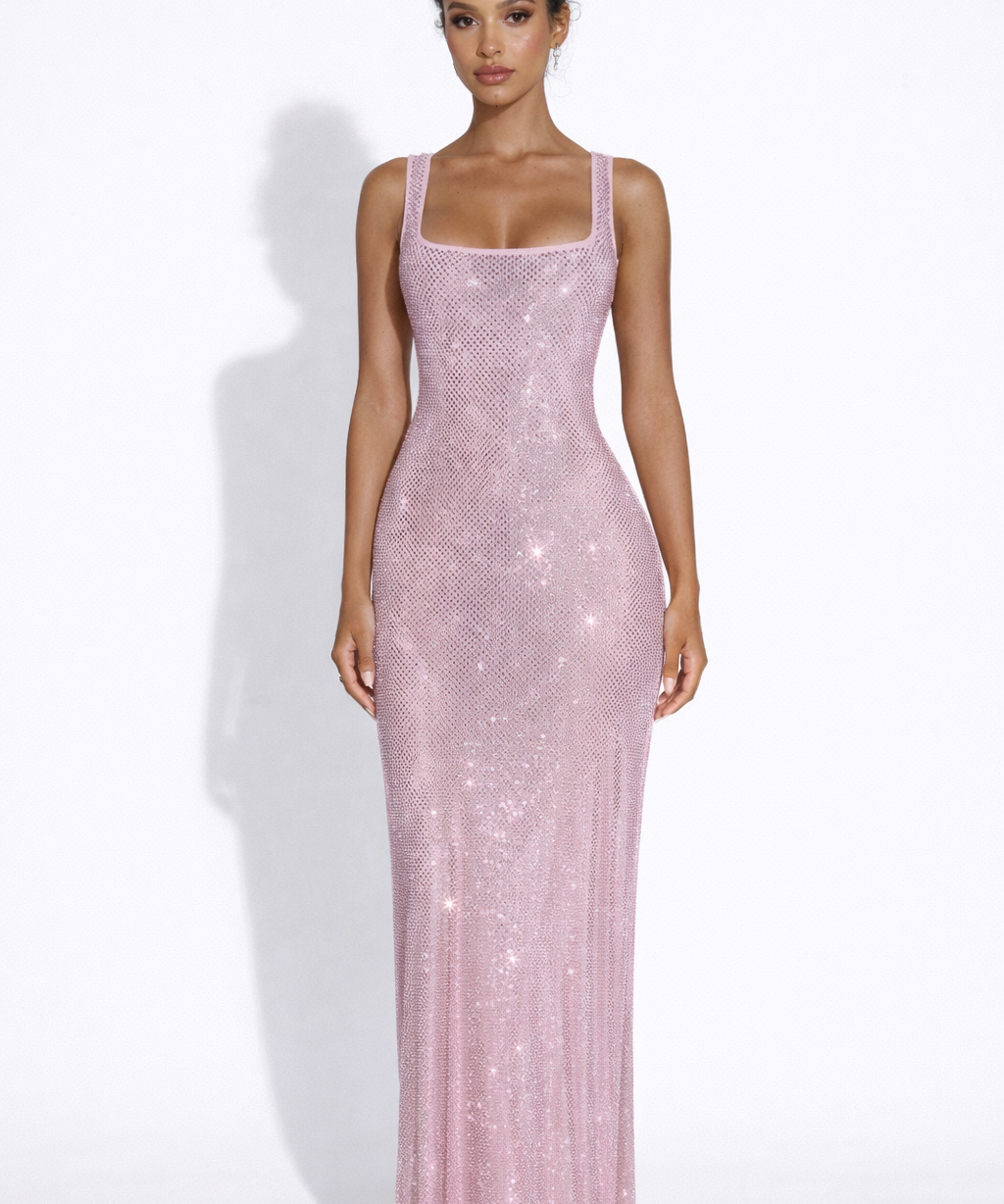 Olivia | Embellished Square Neck Crystal Mesh Maxi Dress