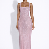 Olivia | Embellished Square Neck Crystal Mesh Maxi Dress