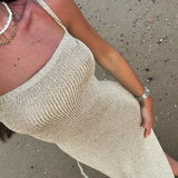 Isolde | Lace-Up Back Metallic Knit Maxi Dress with Thigh-High Slit