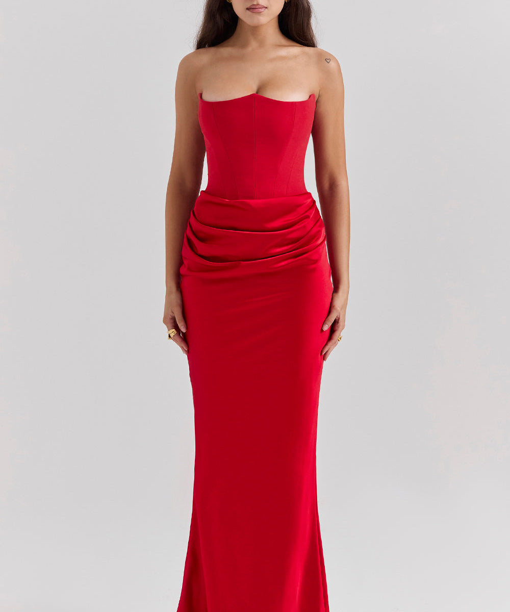 Stella | Strapless Satin Structured Bodice Maxi Dress