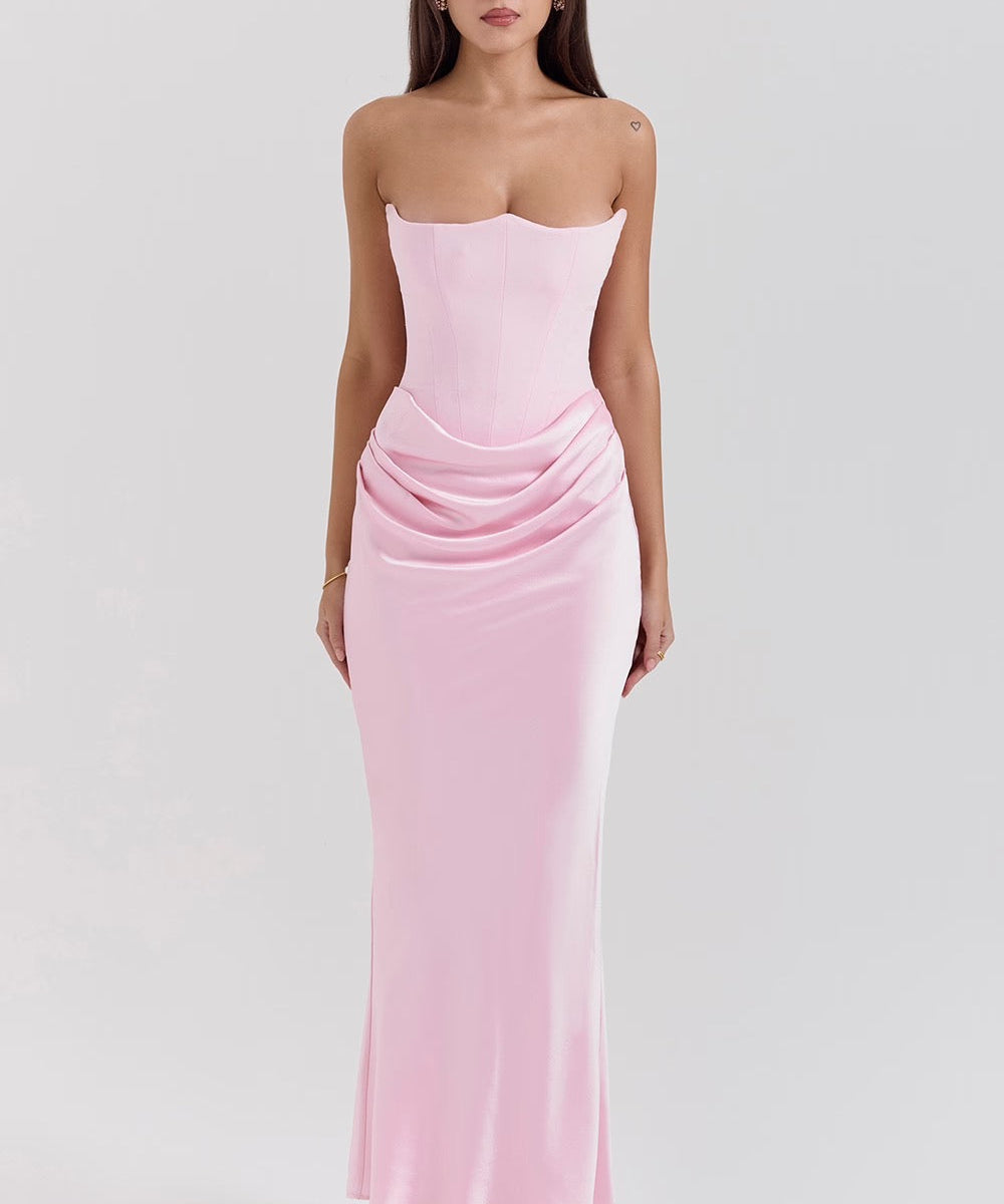 Stella | Strapless Satin Structured Bodice Maxi Dress