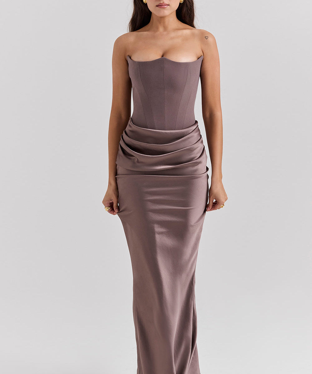 Stella | Strapless Satin Structured Bodice Maxi Dress