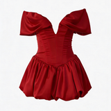 Nina | Off-Shoulder Deep Plunging V-cut  Bubble Mini Dress