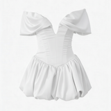 Nina | Off-Shoulder Deep Plunging V-cut  Bubble Mini Dress