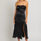 Luna | Front Slit Elegant Satin Strapless Ruffle Midi Dress