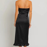 Luna | Front Slit Elegant Satin Strapless Ruffle Midi Dress