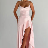 Lucia | High-Low Ruffle Hem Satin Twist Cowl Maxi Dress
