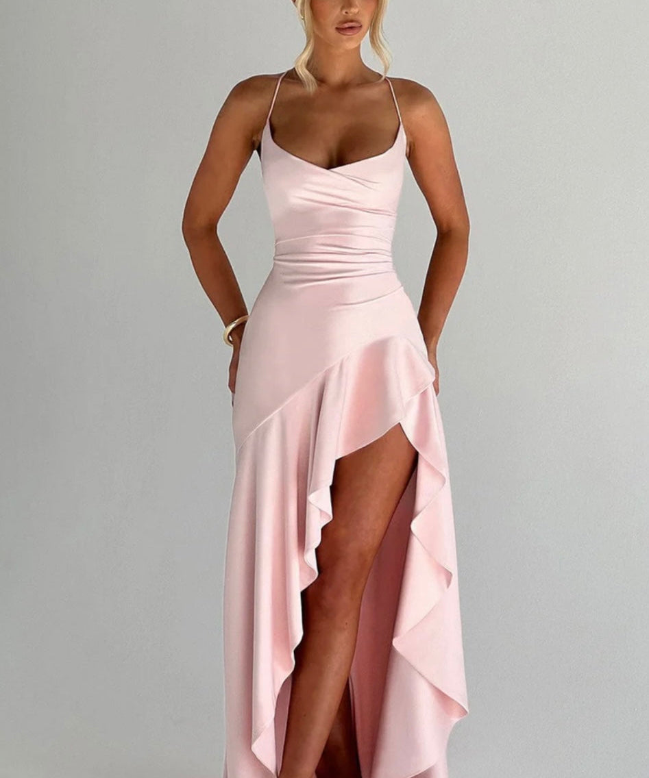 Lucia | High-Low Ruffle Hem Satin Twist Cowl Maxi Dress