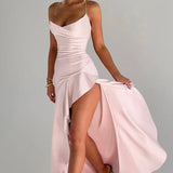 Soraya | High-Low Ruffle Hem Satin Twist Cowl Maxi Slit Dress