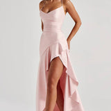 Soraya | High-Low Ruffle Hem Satin Twist Cowl Maxi Slit Dress