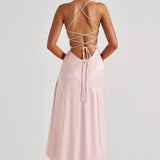Soraya | High-Low Ruffle Hem Satin Twist Cowl Maxi Slit Dress