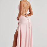 Lucia | High-Low Ruffle Hem Satin Twist Cowl Maxi Dress