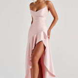 Lucia | High-Low Ruffle Hem Satin Twist Cowl Maxi Dress