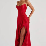 Soraya | High-Low Ruffle Hem Satin Twist Cowl Maxi Slit Dress