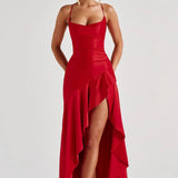 Soraya | High-Low Ruffle Hem Satin Twist Cowl Maxi Slit Dress
