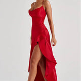 Soraya | High-Low Ruffle Hem Satin Twist Cowl Maxi Slit Dress