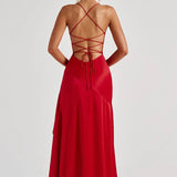 Lucia | High-Low Ruffle Hem Satin Twist Cowl Maxi Dress