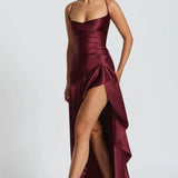Soraya | High-Low Ruffle Hem Satin Twist Cowl Maxi Slit Dress