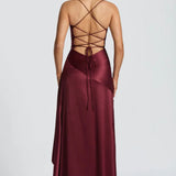 Soraya | High-Low Ruffle Hem Satin Twist Cowl Maxi Slit Dress