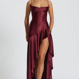 Lucia | High-Low Ruffle Hem Satin Twist Cowl Maxi Dress