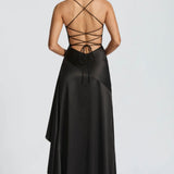 Lucia | High-Low Ruffle Hem Satin Twist Cowl Maxi Dress