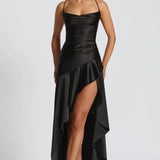 Soraya | High-Low Ruffle Hem Satin Twist Cowl Maxi Slit Dress