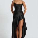 Soraya | High-Low Ruffle Hem Satin Twist Cowl Maxi Slit Dress