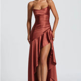 Lucia | High-Low Ruffle Hem Satin Twist Cowl Maxi Dress