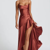 Soraya | High-Low Ruffle Hem Satin Twist Cowl Maxi Slit Dress