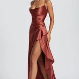 Lucia | High-Low Ruffle Hem Satin Twist Cowl Maxi Dress