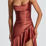 Lucia | High-Low Ruffle Hem Satin Twist Cowl Maxi Dress