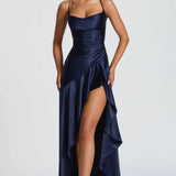 Soraya | High-Low Ruffle Hem Satin Twist Cowl Maxi Slit Dress