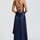 Lucia | High-Low Ruffle Hem Satin Twist Cowl Maxi Dress