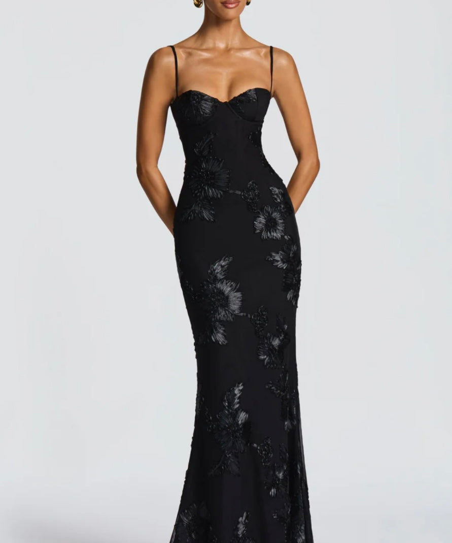 Soraya | Underwired Mesh Corset Floral Ribbon Maxi Dress