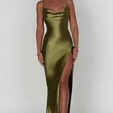 Sarina | Cowl Neck Low Back Maxi Dress with Thigh-High Split