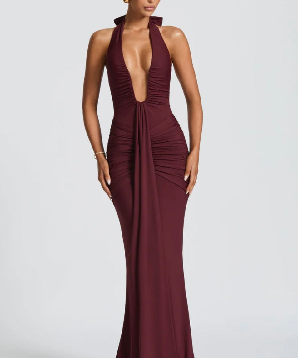 Natasha | Ruched Bodycon Plunging Halter Maxi Dress