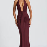 Natasha | Ruched Bodycon Plunging Halter Maxi Dress