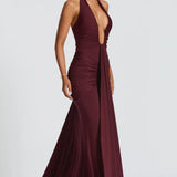 Natasha | Ruched Bodycon Plunging Halter Maxi Dress