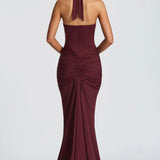 Natasha | Ruched Bodycon Plunging Halter Maxi Dress