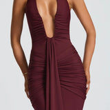 Natasha | Ruched Bodycon Plunging Halter Maxi Dress