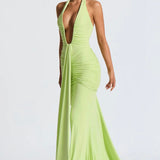 Natasha | Ruched Bodycon Plunging Halter Maxi Dress