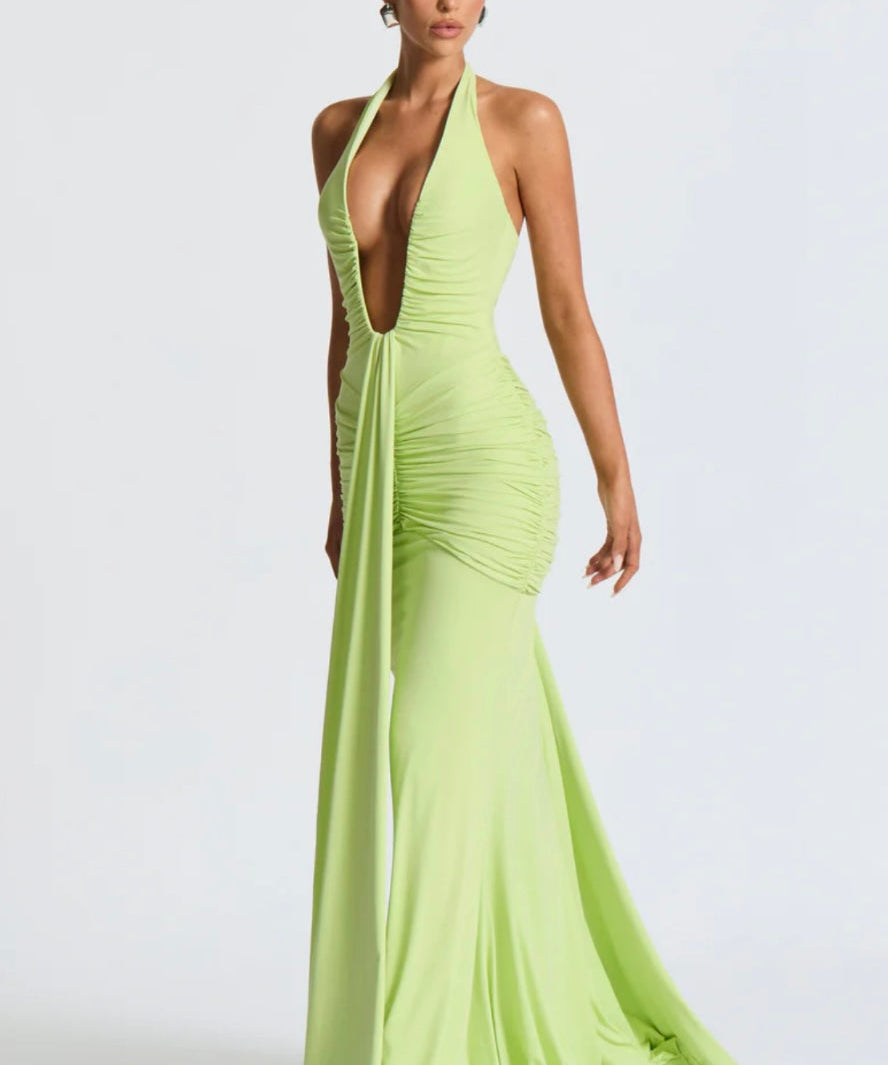 Natasha | Ruched Bodycon Plunging Halter Maxi Dress