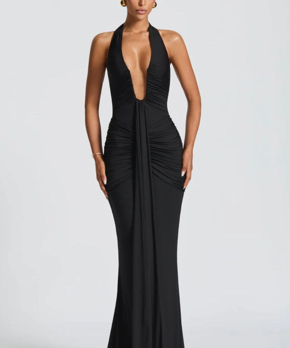 Natasha | Ruched Bodycon Plunging Halter Maxi Dress
