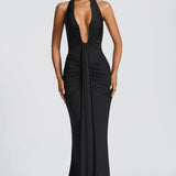 Natasha | Ruched Bodycon Plunging Halter Maxi Dress