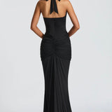 Natasha | Ruched Bodycon Plunging Halter Maxi Dress