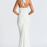 Natasha | Ruched Bodycon Plunging Halter Maxi Dress