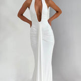 Natasha | Ruched Bodycon Plunging Halter Maxi Dress
