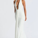 Natasha | Ruched Bodycon Plunging Halter Maxi Dress