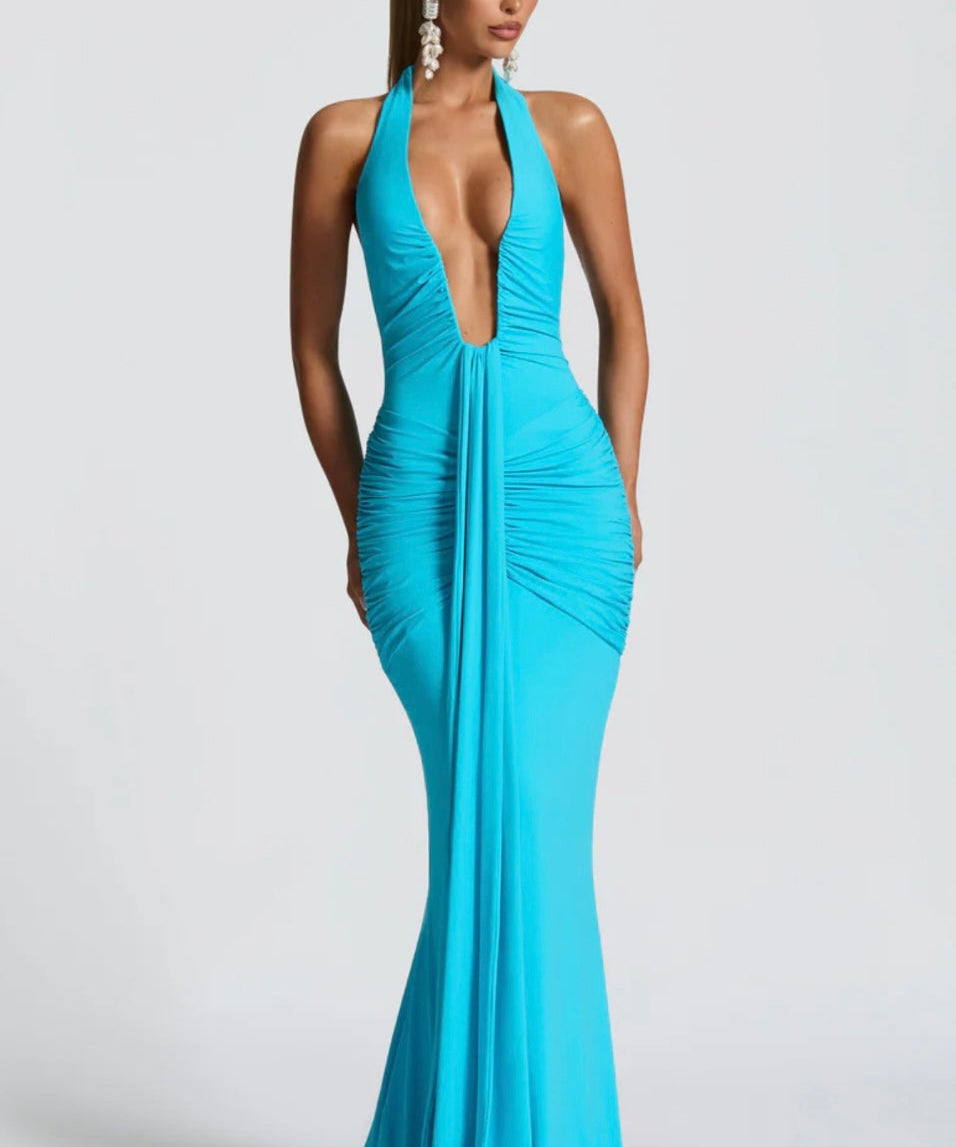 Natasha | Ruched Bodycon Plunging Halter Maxi Dress